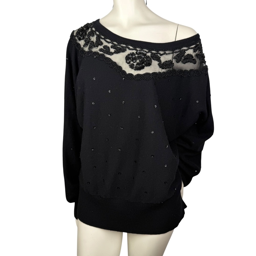 Vintage Beaded Knit Sweater Black Off Shoulder Sequin Mesh Whimsigoth Glam XL